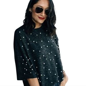 ZARA Pearl Soft Sweater Charcoal Grey Oversized 3/4 Sleeves SZ S